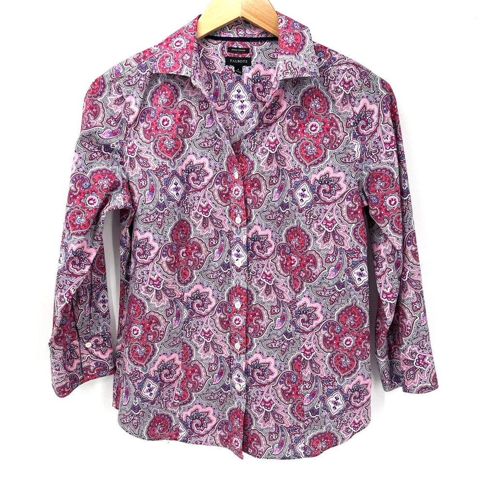Talbots Blouse Womens 4 Paisley Button Up 3/4 Sleeve Wrinkle Resistant Shirt